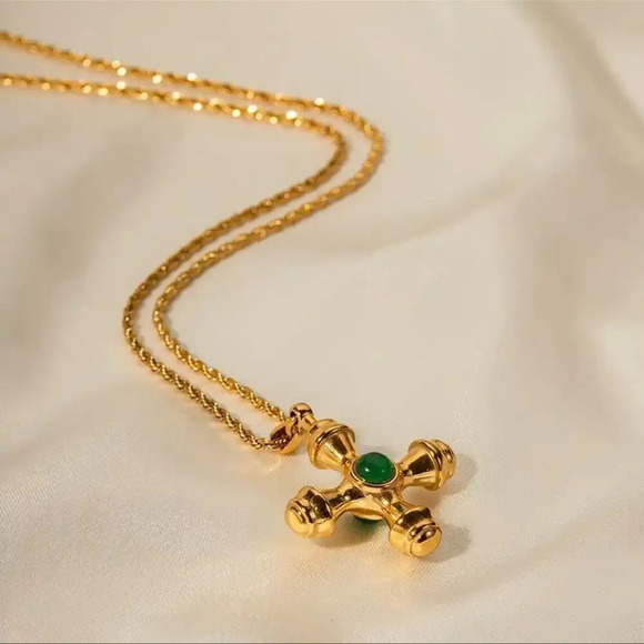 Green Onyx 18KGold Plated Stainless Steel Waterproof  Stone Cross Necklace - Picture 3 of 16